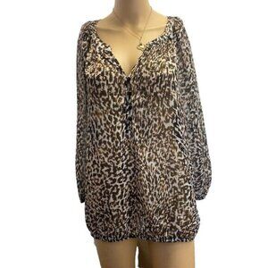 Liz Claiborne Top Womens Large Brown Black White Long Sleeve V Neck Ladies